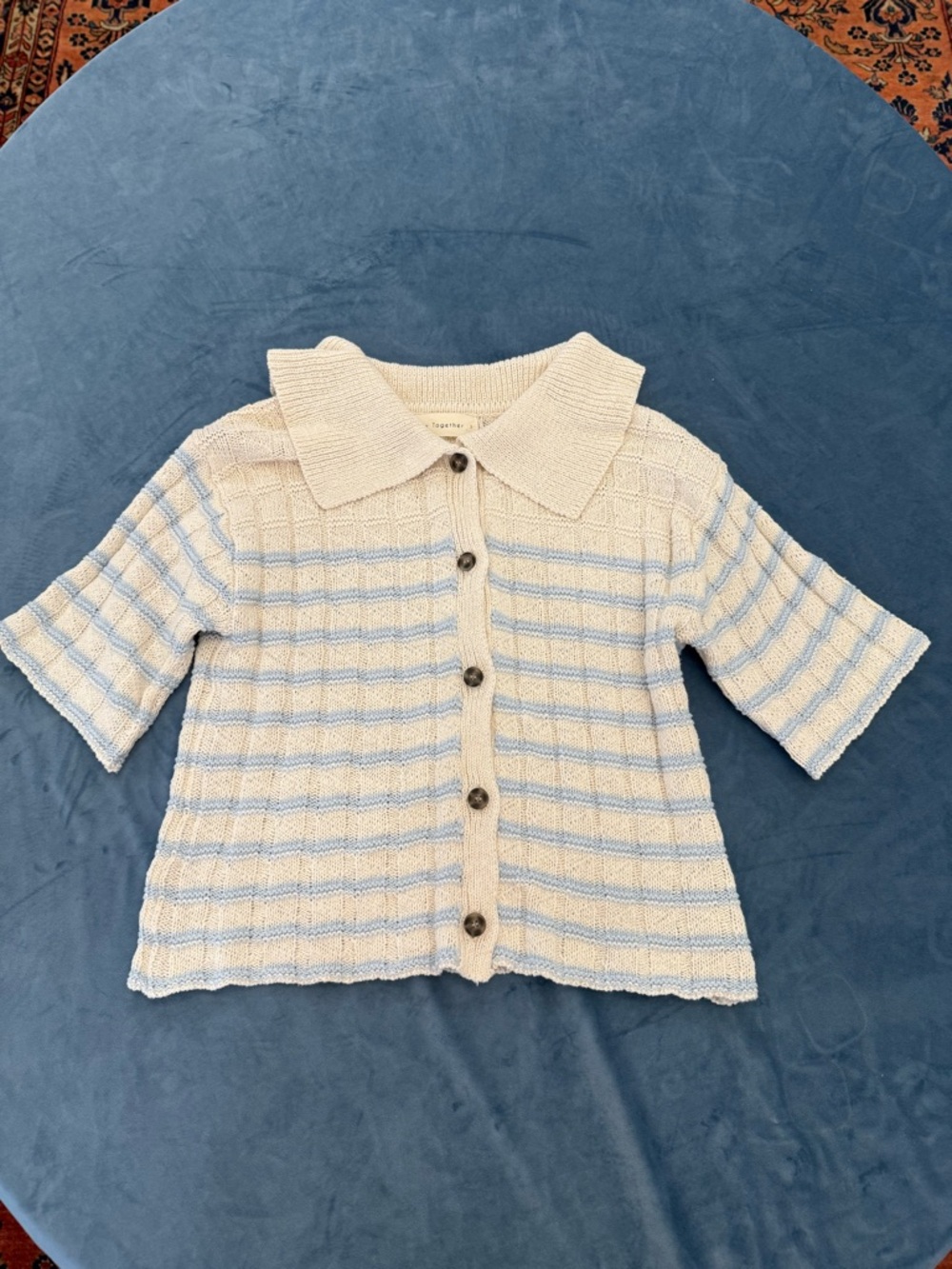 By Together Women's Knit Cardigan Sweater S Cotton Ivory Blue Striped Button